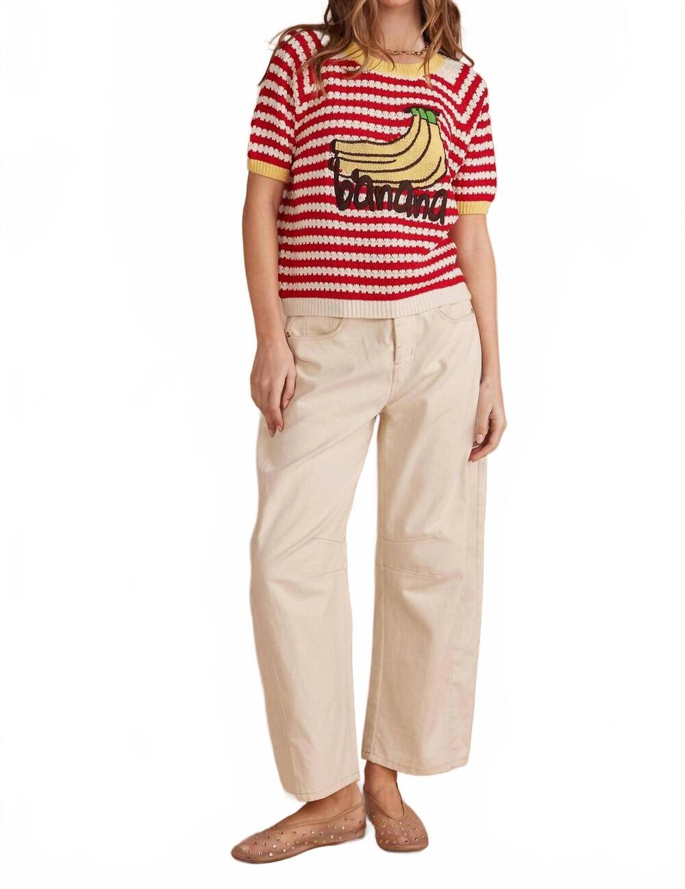 NEW STRUT & BOLT playful striped banana graphic short sleeve sweater in red/whit